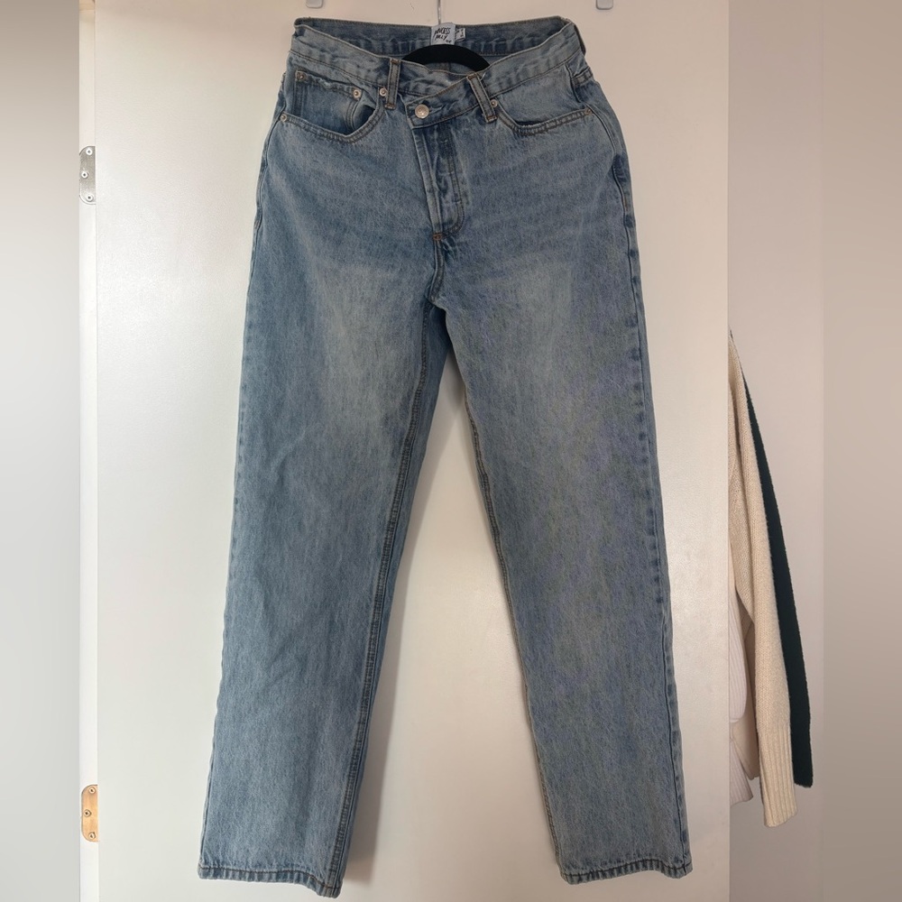 Princess Polly Holly Asymmetric Straight Leg Jean Light Wash Denim